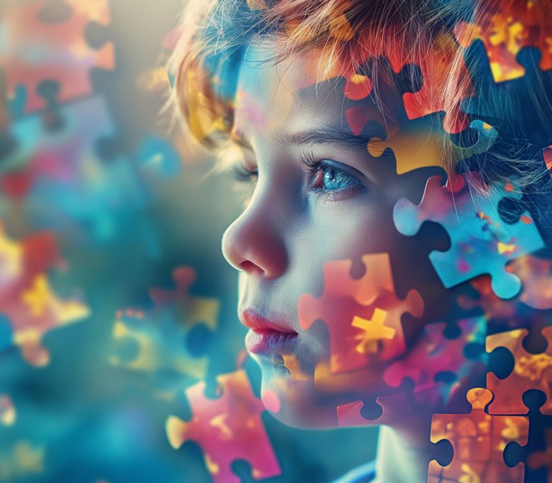 Autism kids with puzzle-piece mindscapes reflecting creativity and diversity illustration by generative ai